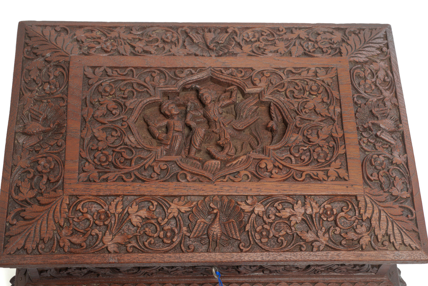 Antique Burmese Carved Wooden Table Box with Kinnara, Elephants & Peacocks (Code 2660)