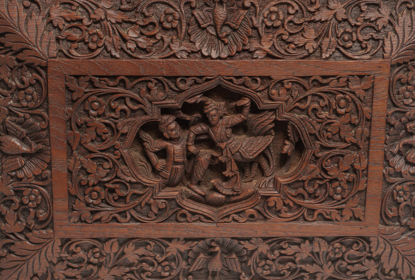 Antique Burmese Carved Wooden Table Box with Kinnara, Elephants & Peacocks (Code 2660)