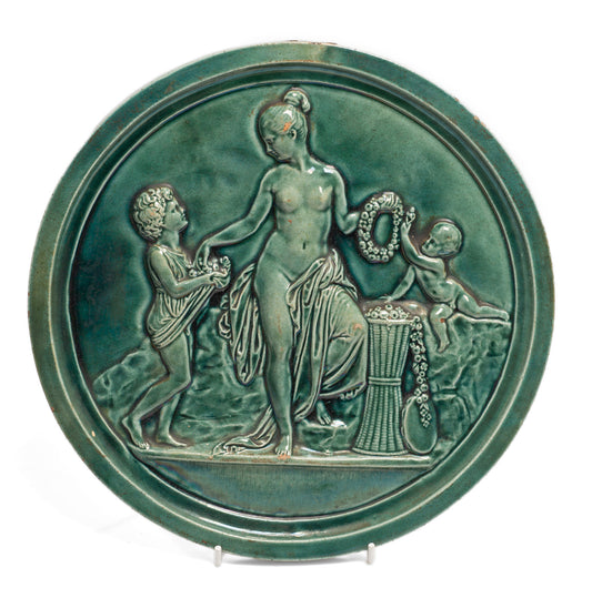 Antique Scottish Dunmore Pottery Majolica Plaque - Classical Maiden & Children (Code 2665)