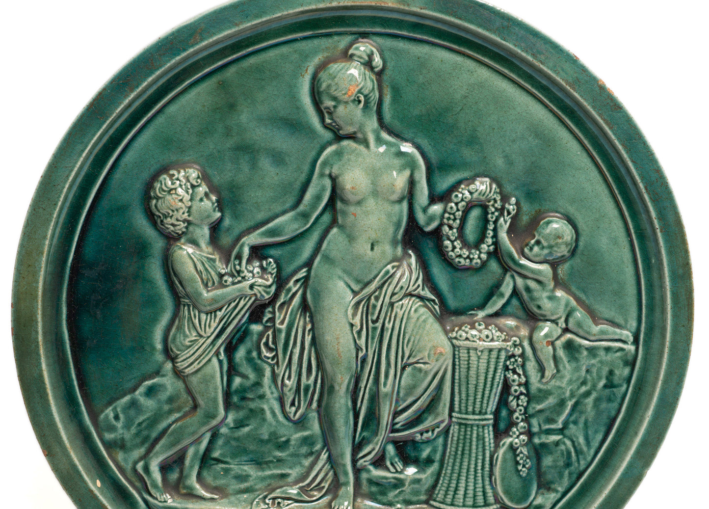 Antique Scottish Dunmore Pottery Majolica Plaque - Classical Maiden & Children (Code 2665)
