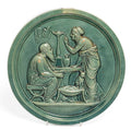 Antique Scottish Dunmore Pottery Green Majolica Plaque - Arabic Couple & Cat (Code 2666)