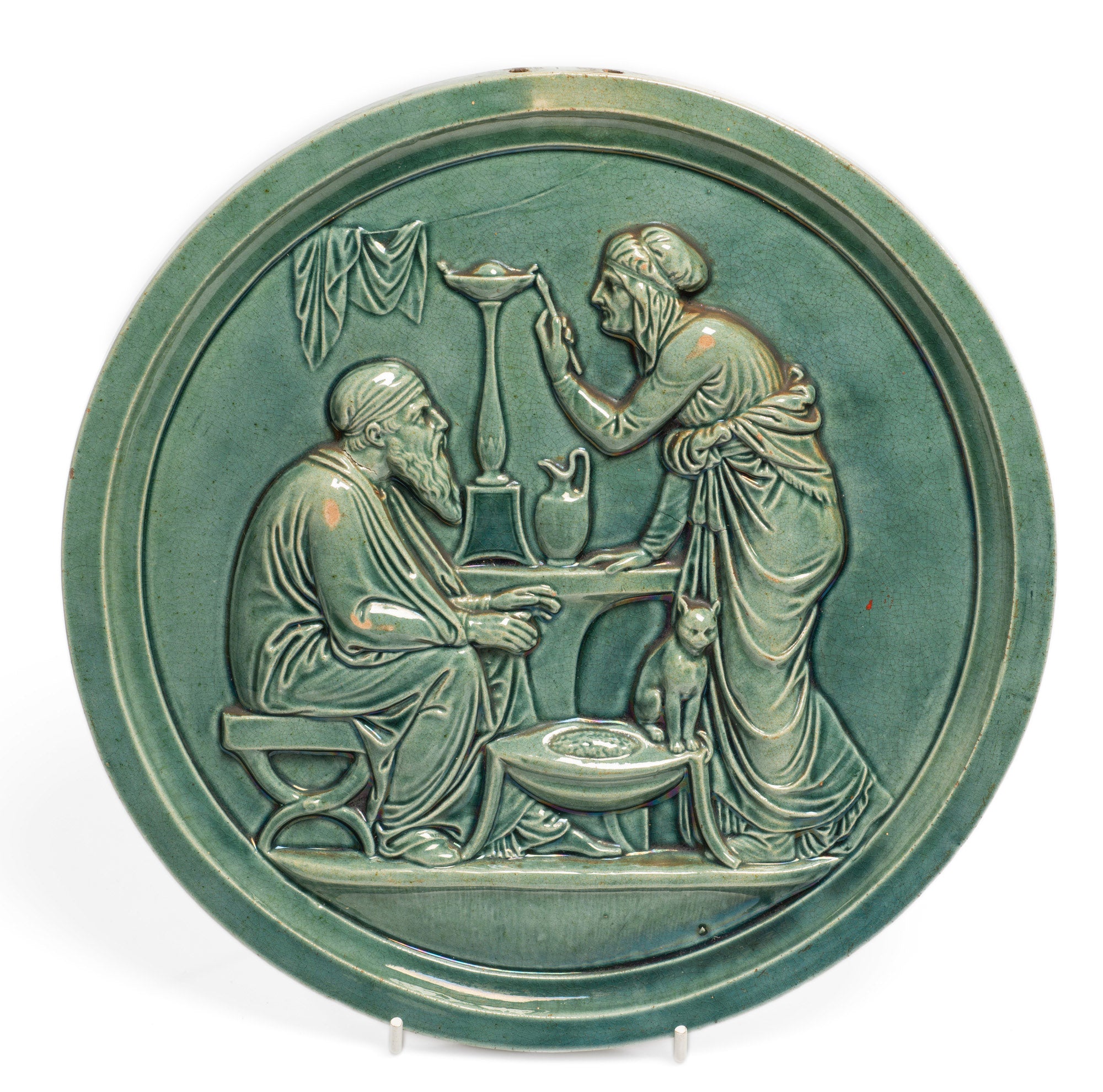 Antique Scottish Dunmore Pottery Green Majolica Plaque - Arabic Couple & Cat (Code 2666)