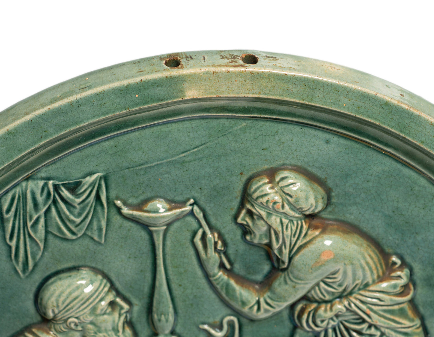 Antique Scottish Dunmore Pottery Green Majolica Plaque - Arabic Couple & Cat (Code 2666)