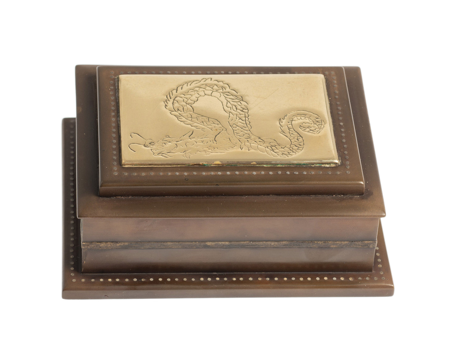 Antique Chinese Horn & Brass Table Snuff Box with Engraved Dragon & Studding (Code 2677)