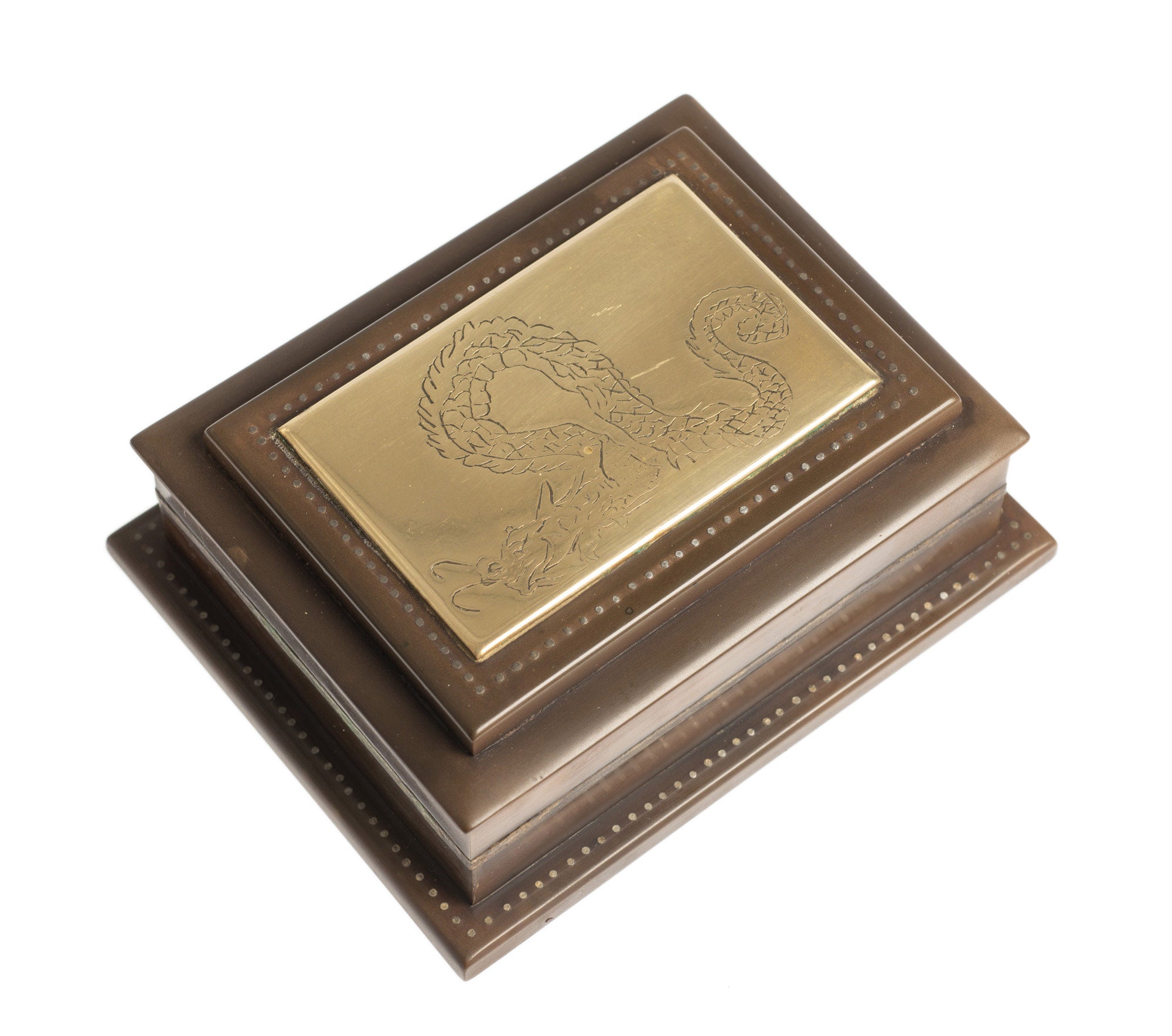 Antique Chinese Horn & Brass Table Snuff Box with Engraved Dragon & Studding (Code 2677)