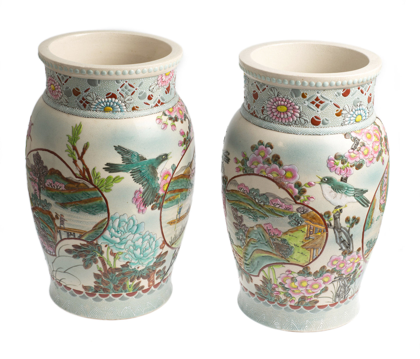Antique Japanese Satsuma Moriage Vase Pair, Very Large Late Meiji, Prunus Blossom & Birds (Code 2685)