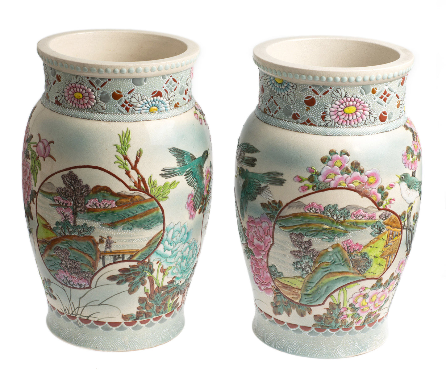 Antique Japanese Satsuma Moriage Vase Pair, Very Large Late Meiji, Prunus Blossom & Birds (Code 2685)