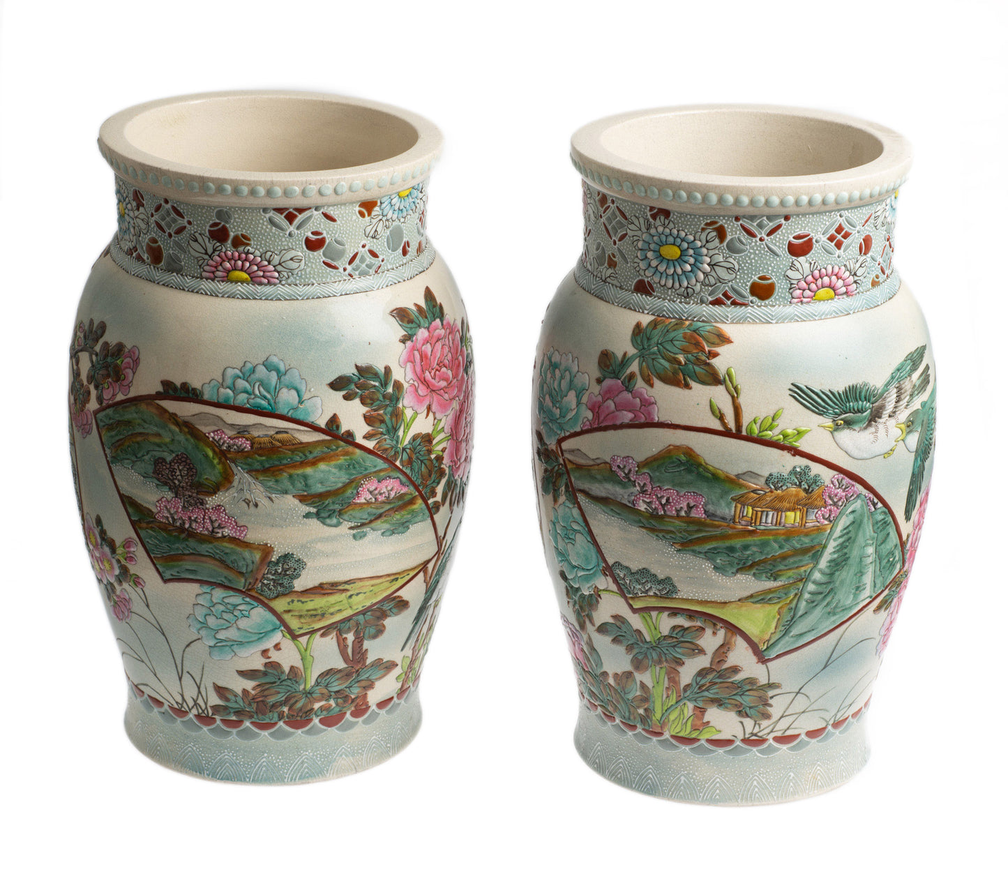 Antique Japanese Satsuma Moriage Vase Pair, Very Large Late Meiji, Prunus Blossom & Birds (Code 2685)