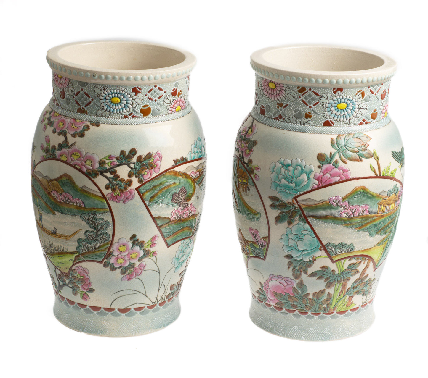 Antique Japanese Satsuma Moriage Vase Pair, Very Large Late Meiji, Prunus Blossom & Birds (Code 2685)