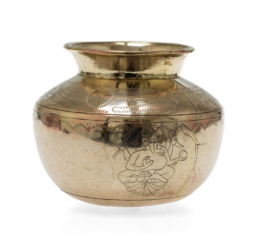 Antique Indian Hindu Heavy Brass Lota Vessel / Vase with Ganesha & Owls (Code 2697)