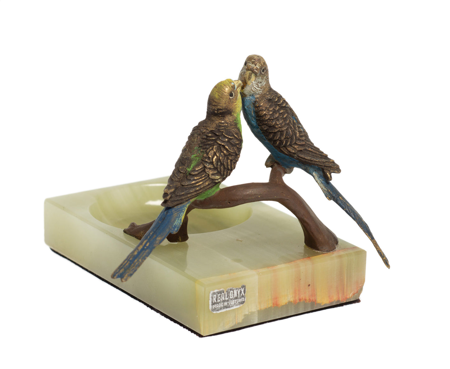 Vintage Cold Painted Bronze Budgies Set on Scottish Green Onyx Dish with Label (Code 2718)