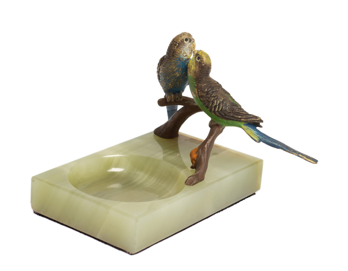 Vintage Cold Painted Bronze Budgies Set on Scottish Green Onyx Dish with Label (Code 2718)