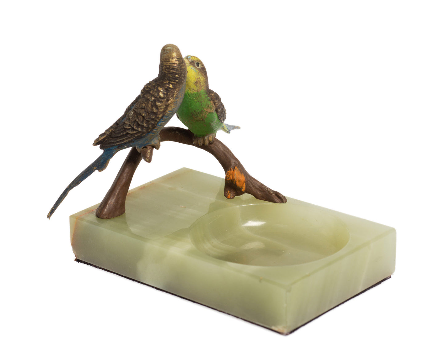 Vintage Cold Painted Bronze Budgies Set on Scottish Green Onyx Dish with Label (Code 2718)