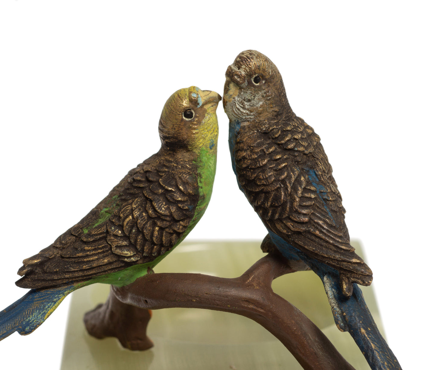 Vintage Cold Painted Bronze Budgies Set on Scottish Green Onyx Dish with Label (Code 2718)