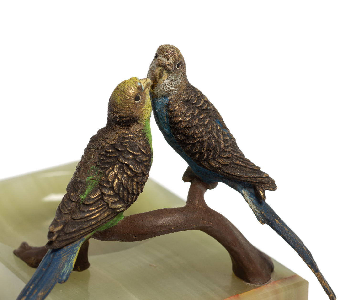 Vintage Cold Painted Bronze Budgies Set on Scottish Green Onyx Dish with Label (Code 2718)