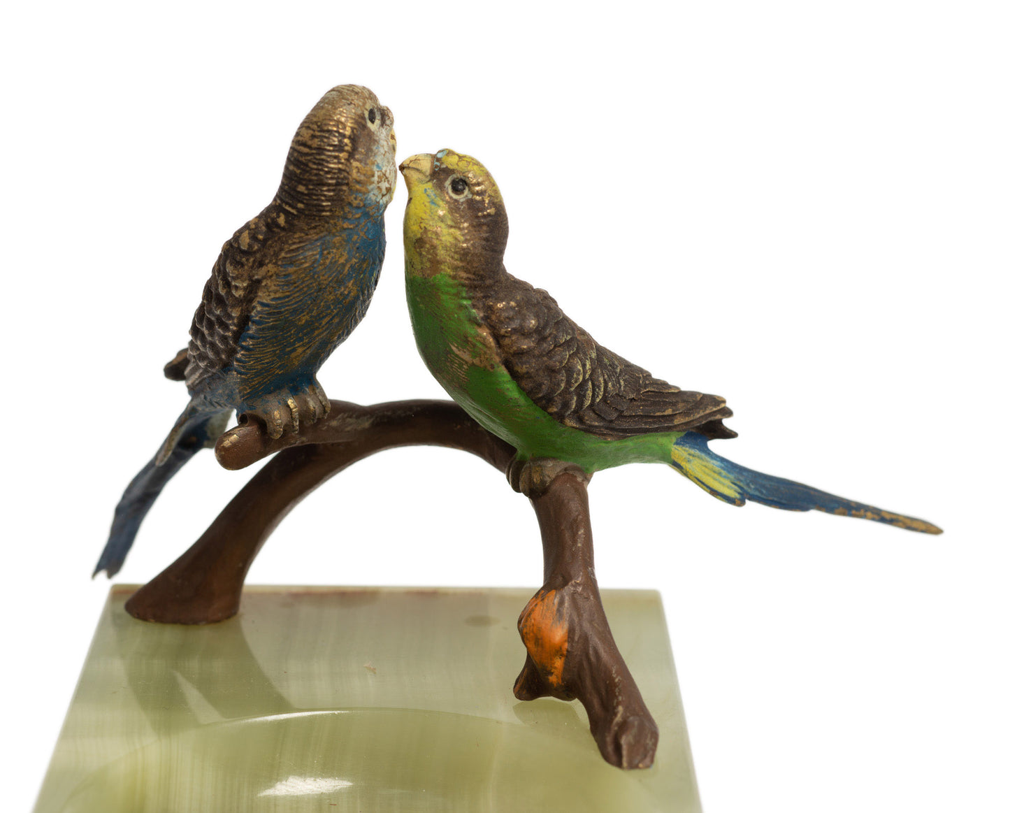 Vintage Cold Painted Bronze Budgies Set on Scottish Green Onyx Dish with Label (Code 2718)