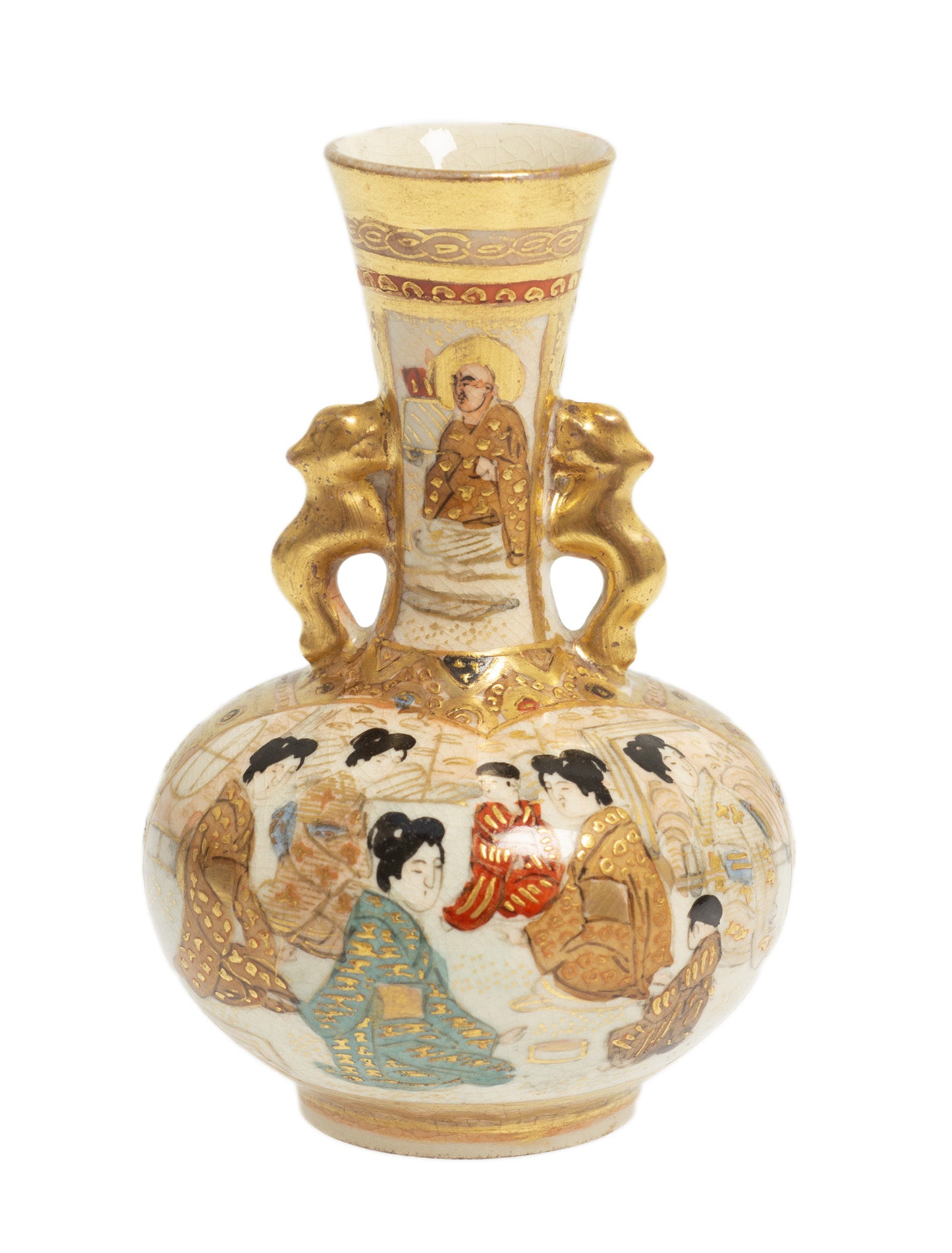 Antique Japanese Meiji Period Minitaure Satsuma Vase with Rakan & Handles c1900 (Code 2725)