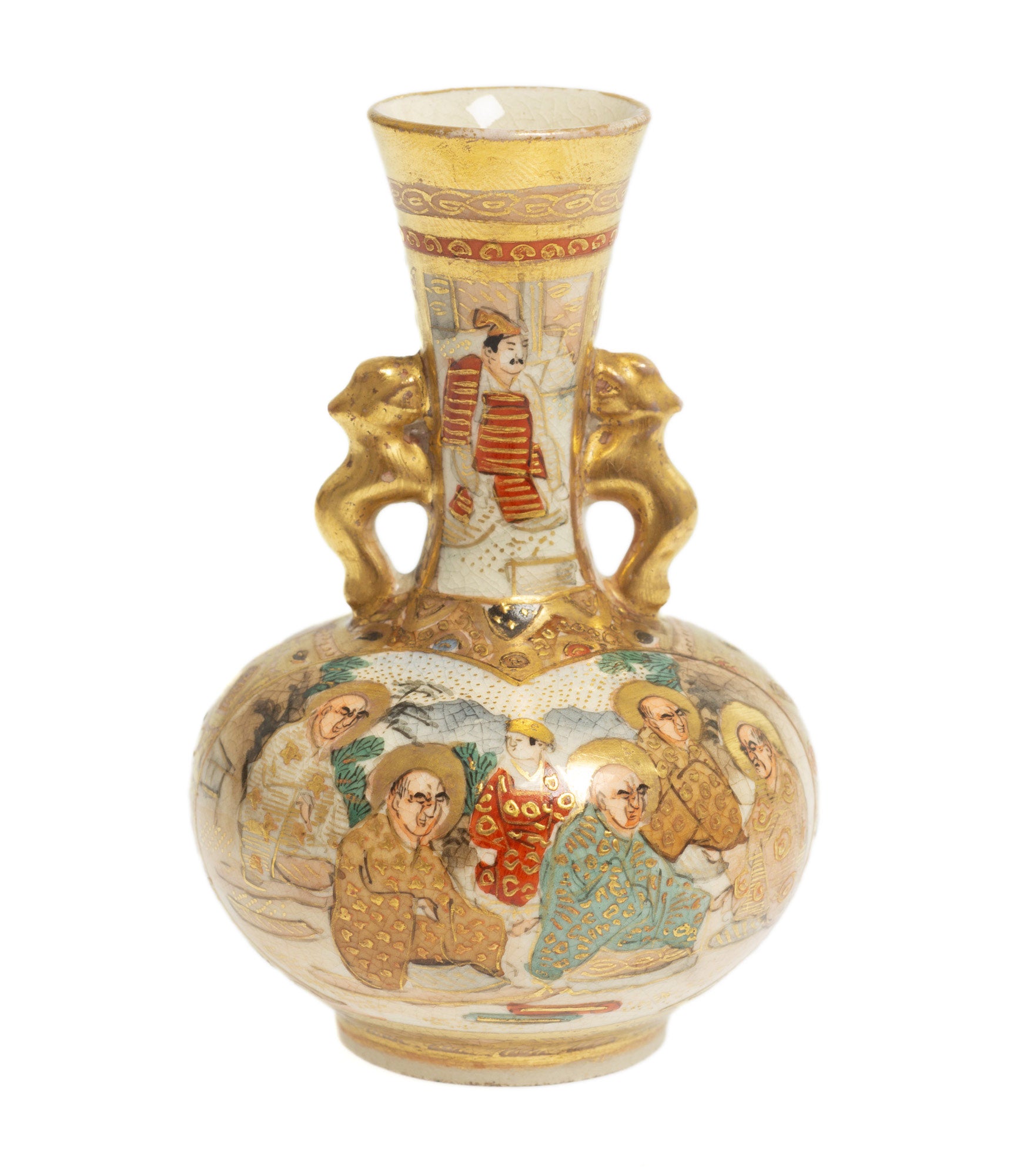 Antique Japanese Meiji Period Minitaure Satsuma Vase with Rakan & Handles c1900 (Code 2725)