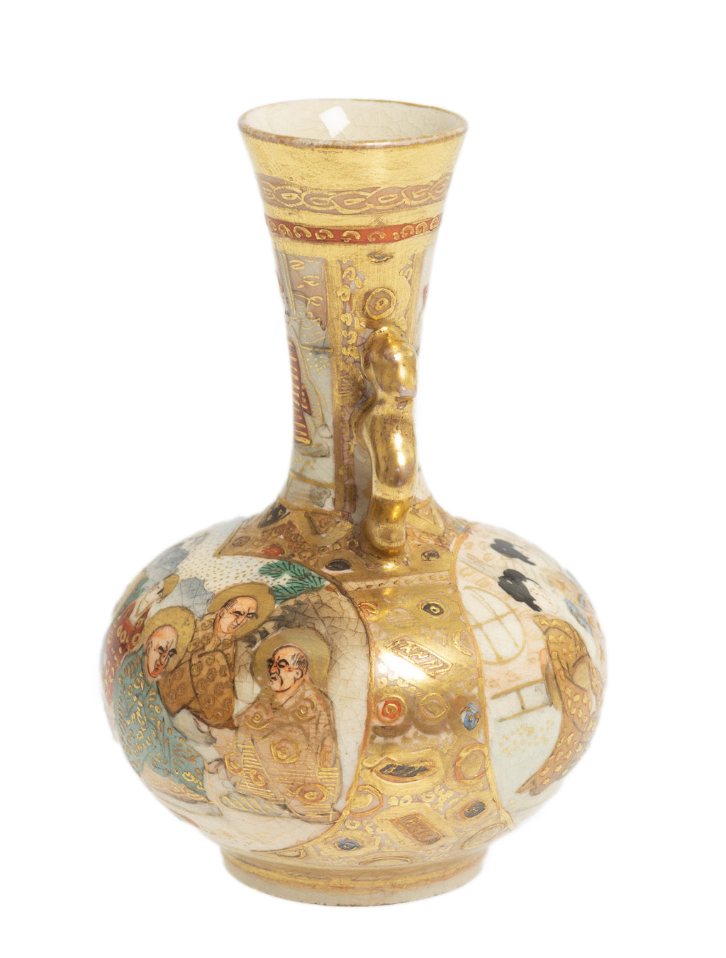 Antique Japanese Meiji Period Minitaure Satsuma Vase with Rakan & Handles c1900 (Code 2725)