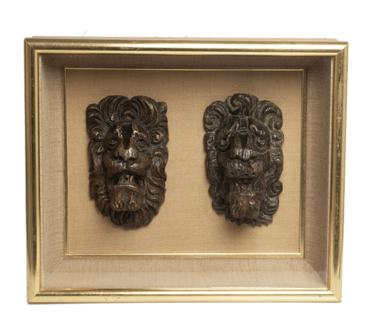Two Antique Carved Lion Mask Heads 17th/18th Century in Glass Fronted Case (Code 2757)