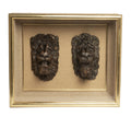 Two Antique Carved Lion Mask Heads 17th/18th Century in Glass Fronted Case (Code 2757)