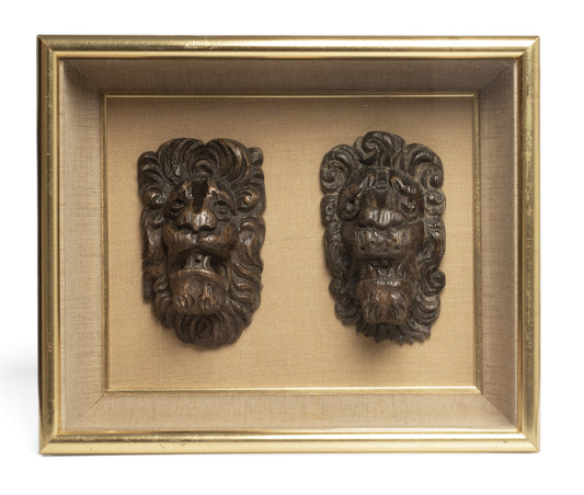 Two Antique Carved Lion Mask Heads 17th/18th Century in Glass Fronted Case (Code 2757)