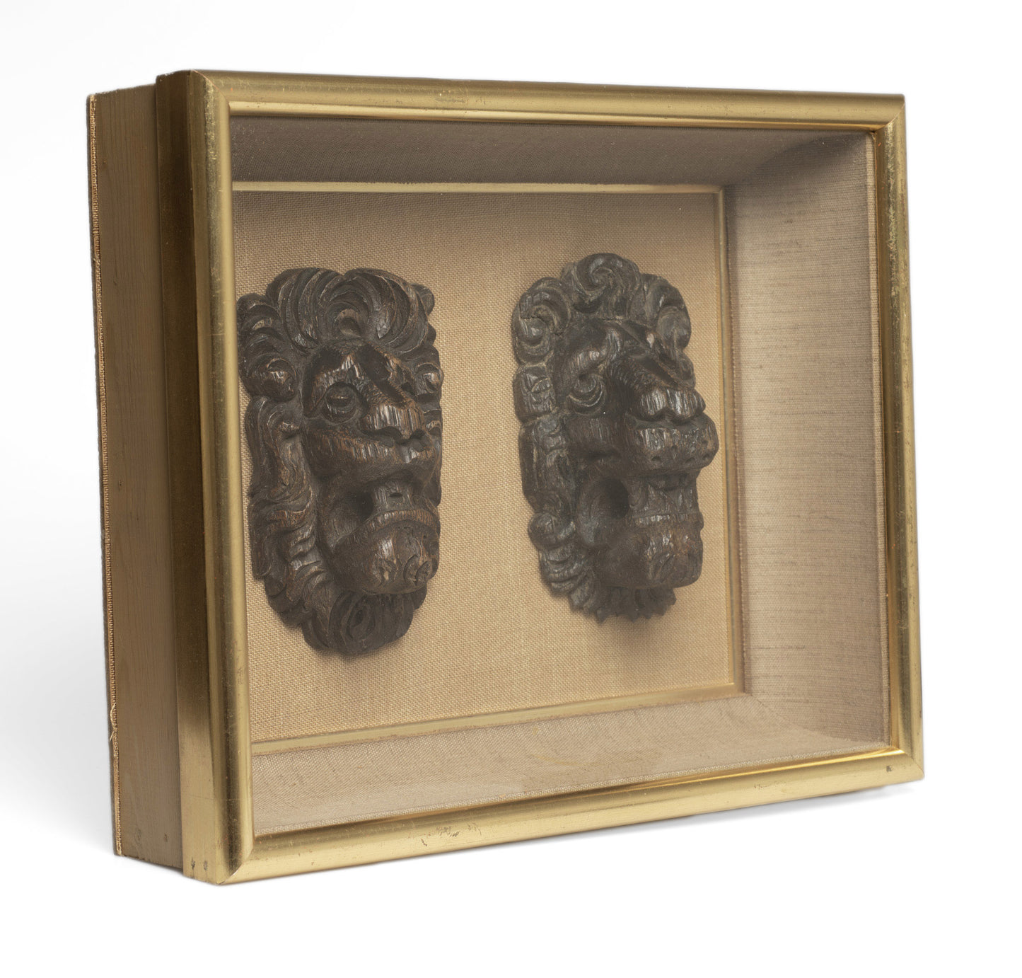 Two Antique Carved Lion Mask Heads 17th/18th Century in Glass Fronted Case (Code 2757)