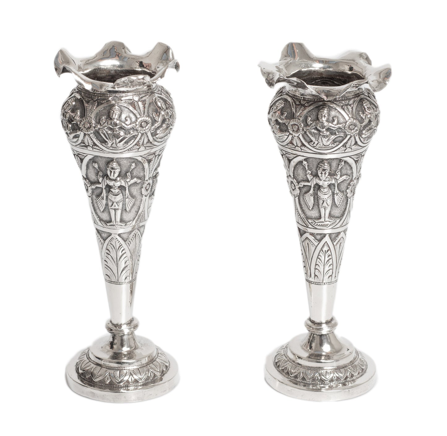 Antique Indian Swami Silver Vases with Hindu Deities - Madras Region c1880 (Code 2763)