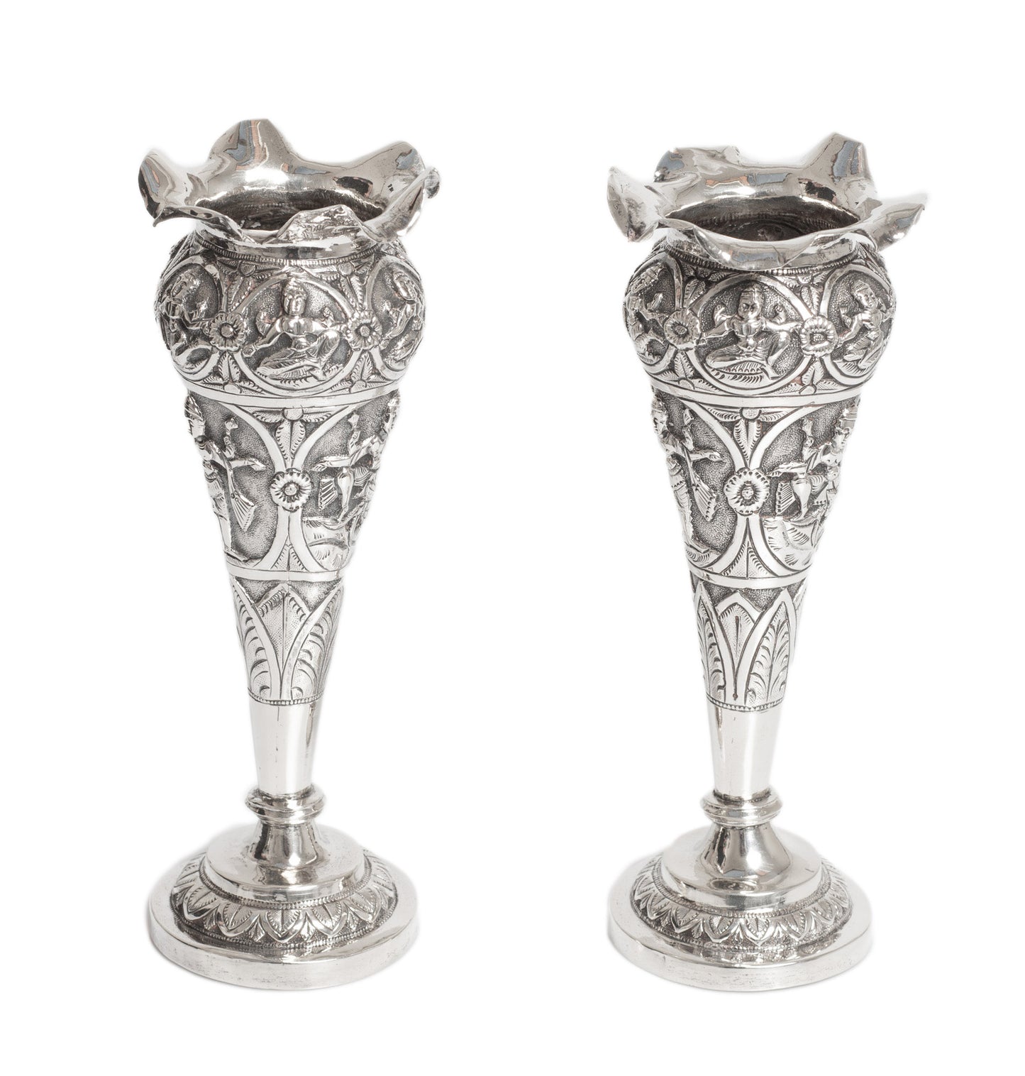 Antique Indian Swami Silver Vases with Hindu Deities - Madras Region c1880 (Code 2763)