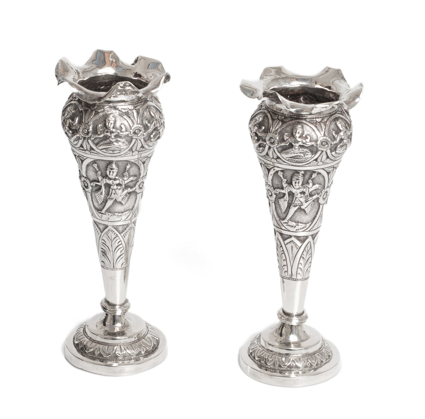 Antique Indian Swami Silver Vases with Hindu Deities - Madras Region c1880 (Code 2763)