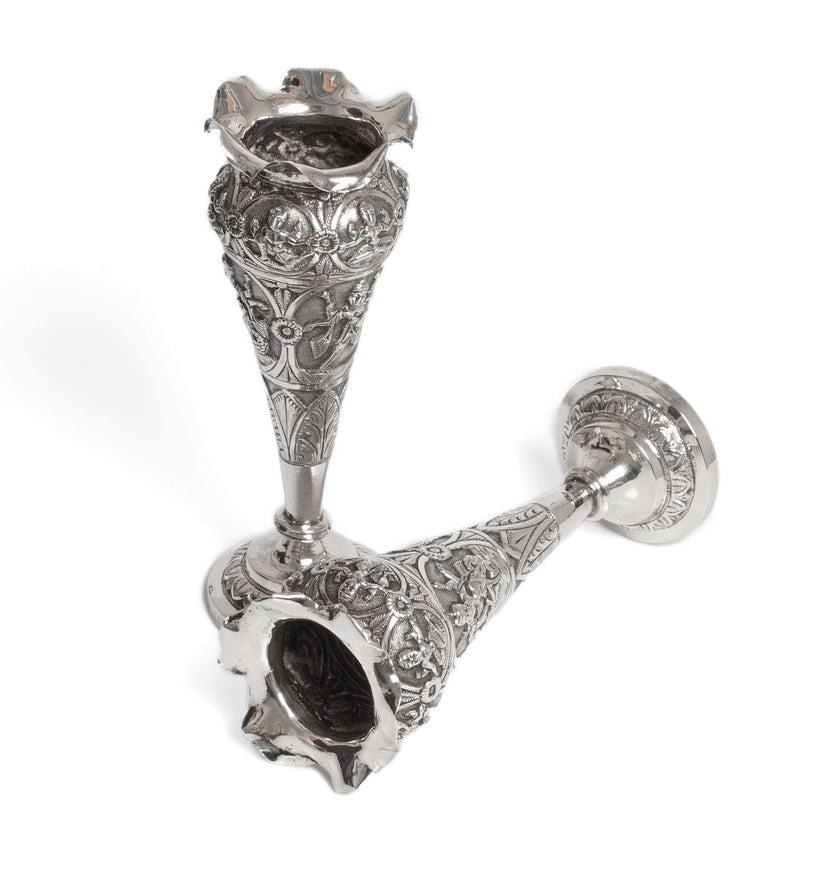 Antique Indian Swami Silver Vases with Hindu Deities Madras Region c