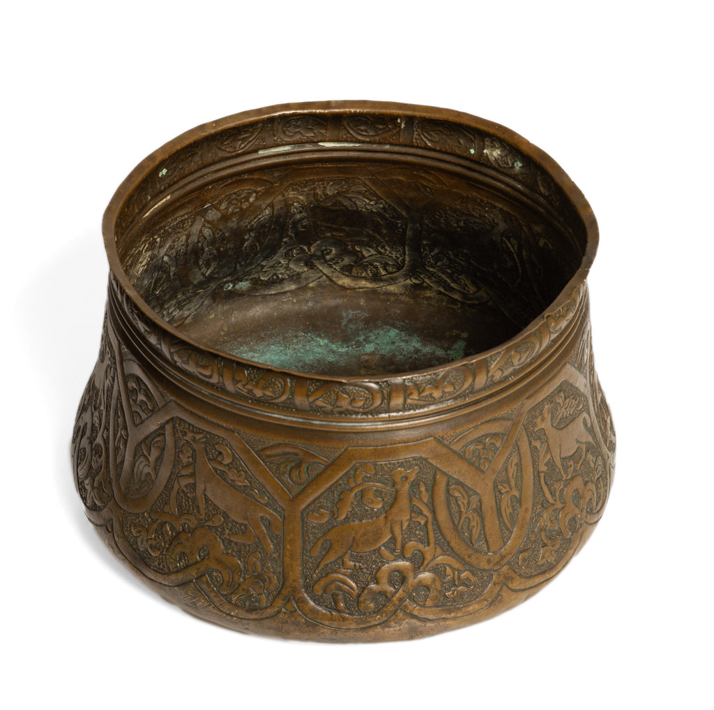 Antique Persian Copper Artisan Hand Made Vessel with Antelope Decoration (Code 2767)