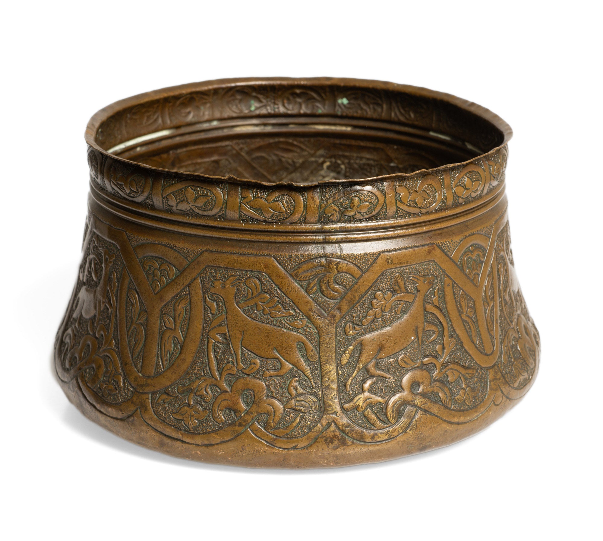Antique Persian Copper Artisan Hand Made Vessel with Antelope Decoration (Code 2767)