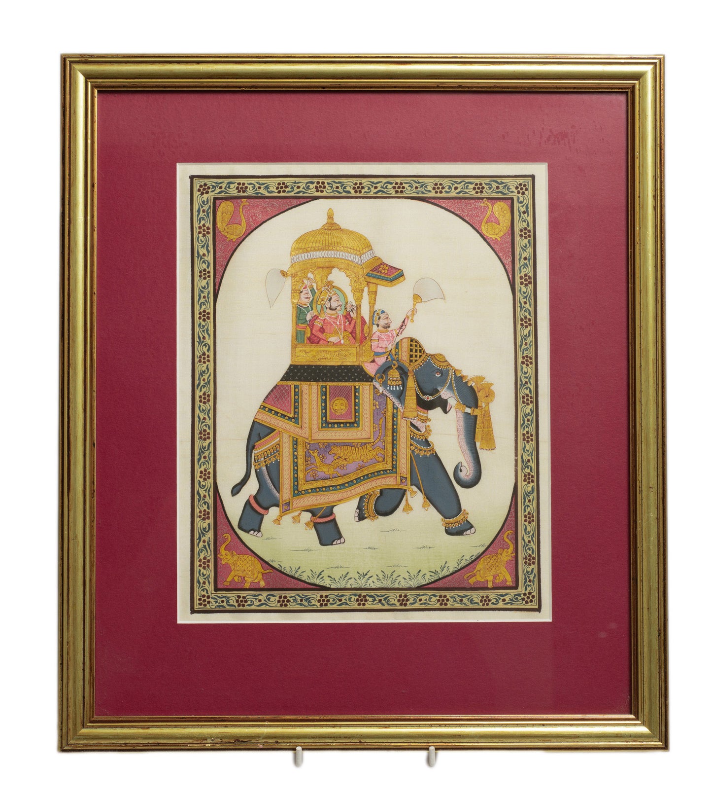 Vintage Indian Silk Painting of a Maharaja on Elephant, Framed & Glazed (Code 2773)