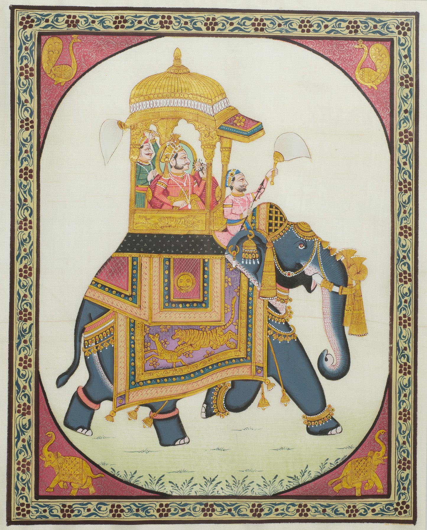 Vintage Indian Silk Painting of a Maharaja on Elephant, Framed & Glazed (Code 2773)