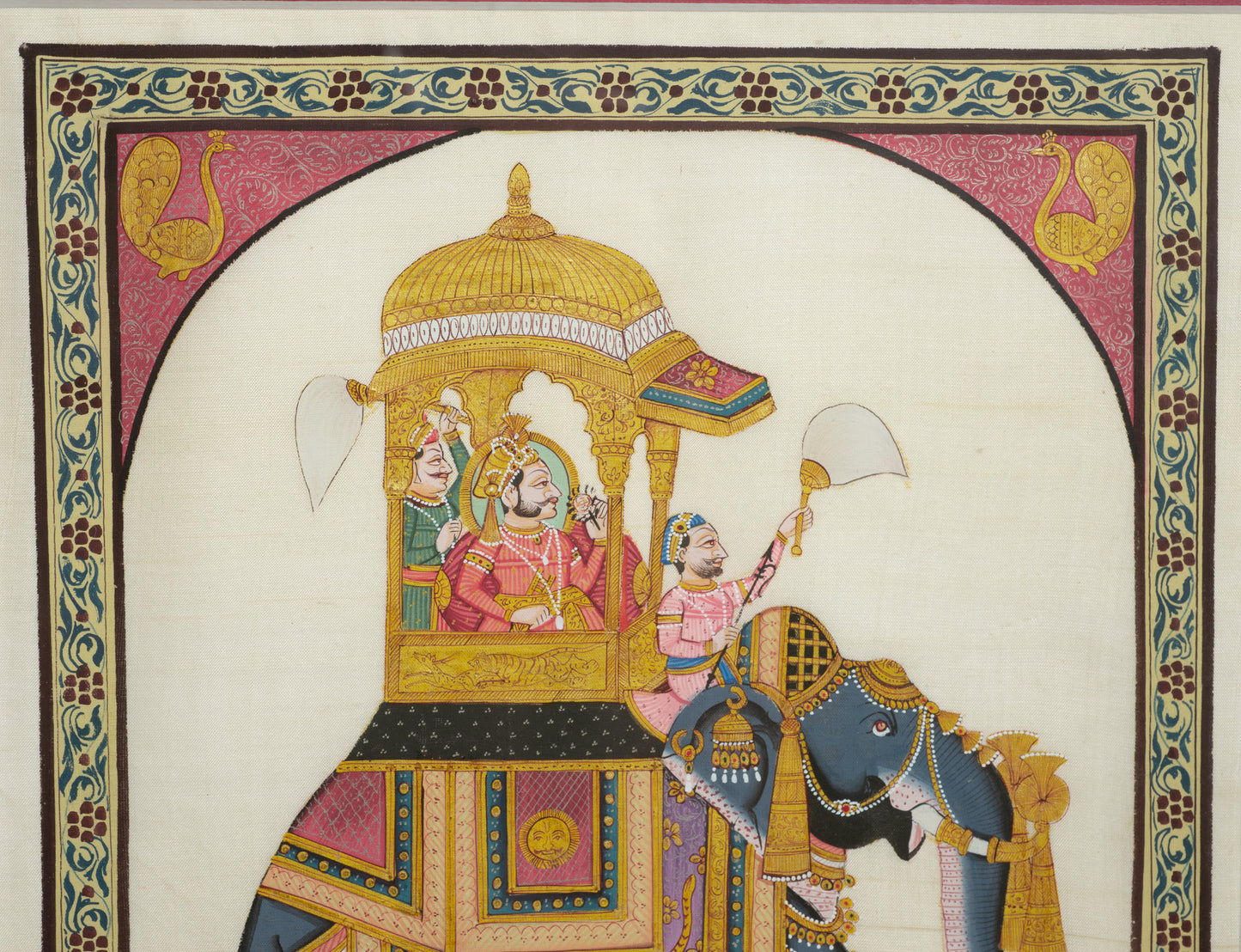 Vintage Indian Silk Painting of a Maharaja on Elephant, Framed & Glazed (Code 2773)