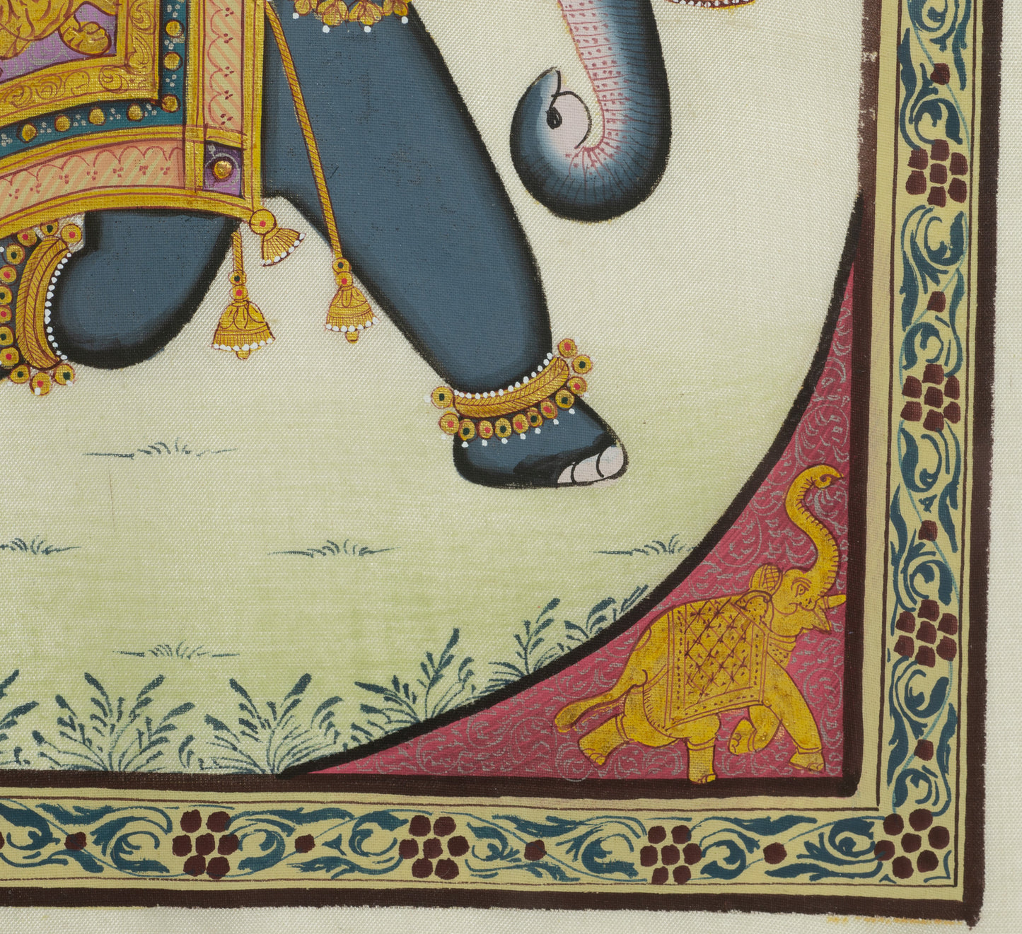 Vintage Indian Silk Painting of a Maharaja on Elephant, Framed & Glazed (Code 2773)