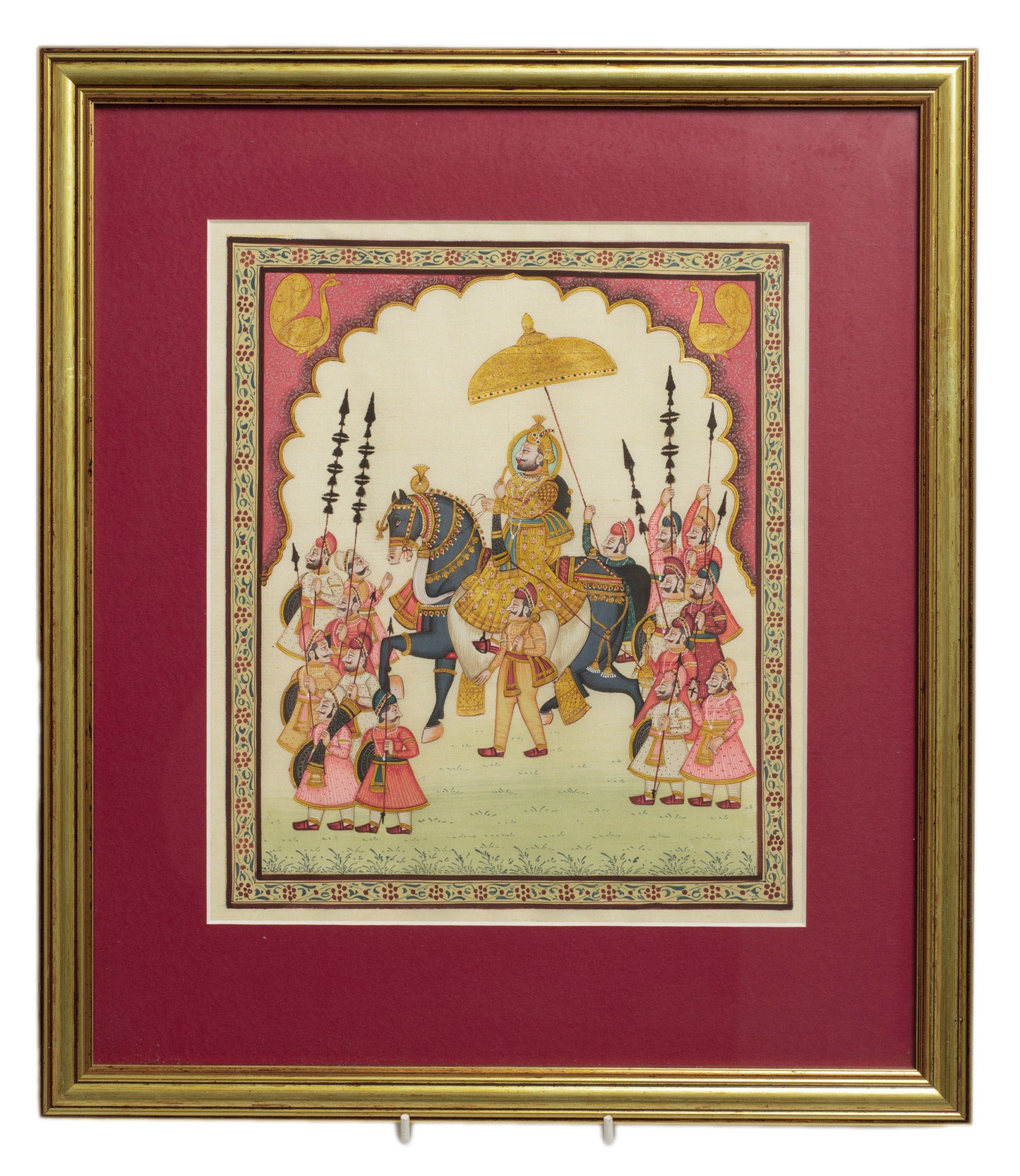 Vintage Indian Silk Painting of a Maharaja on Horse & Servants, Framed & Glazed (Code 2774)