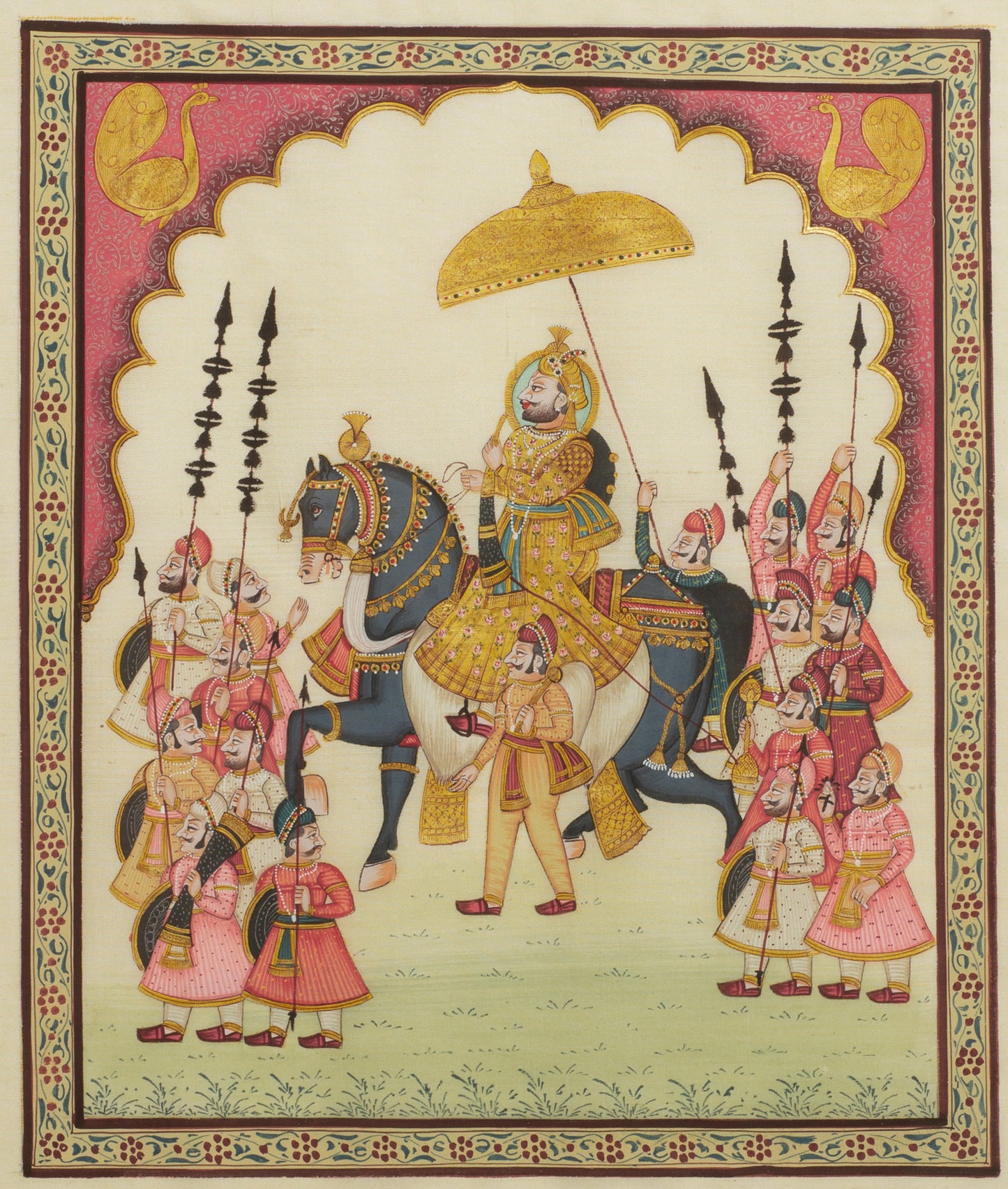 Vintage Indian Silk Painting of a Maharaja on Horse & Servants, Framed & Glazed (Code 2774)