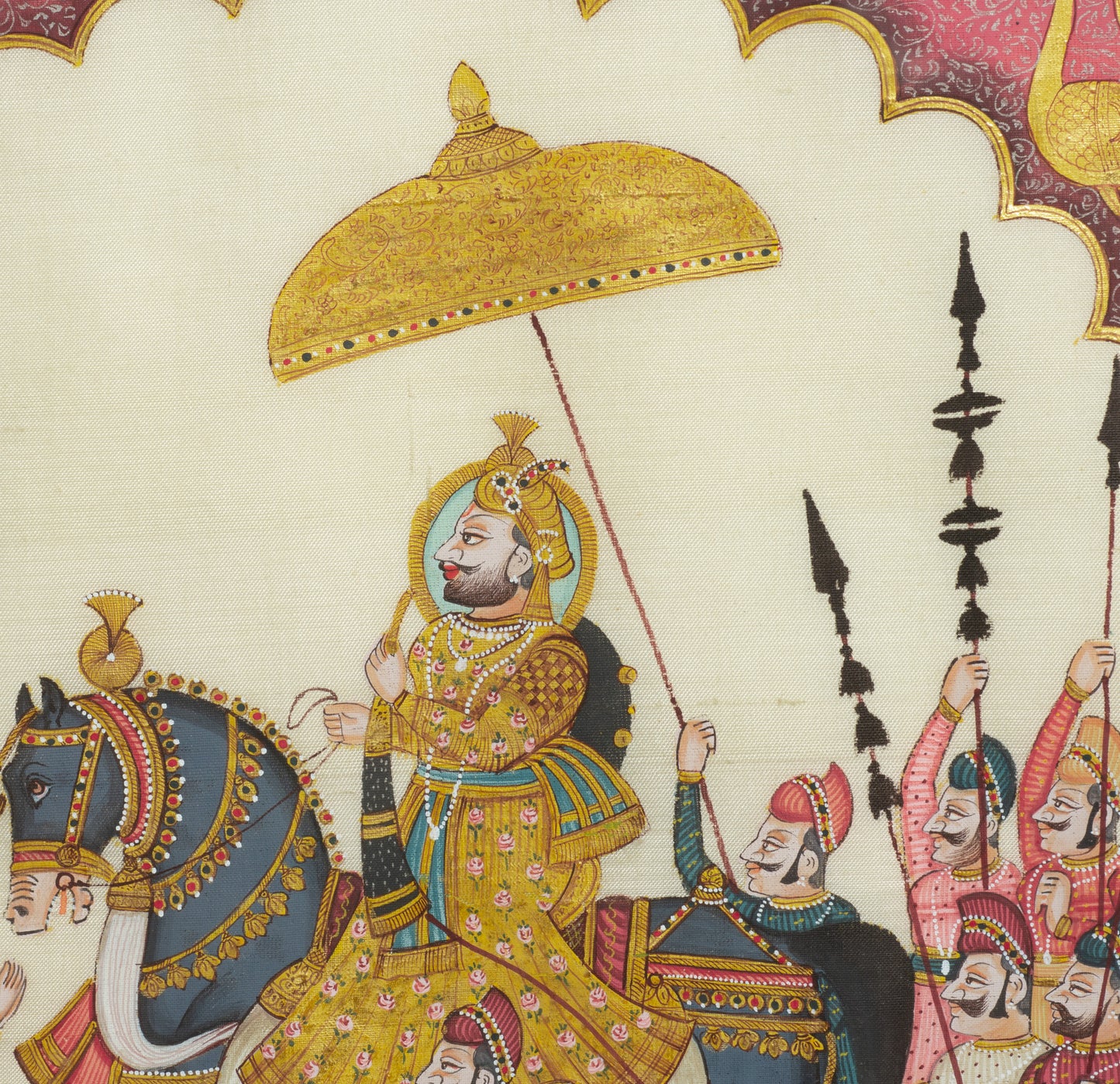 Vintage Indian Silk Painting of a Maharaja on Horse & Servants, Framed & Glazed (Code 2774)