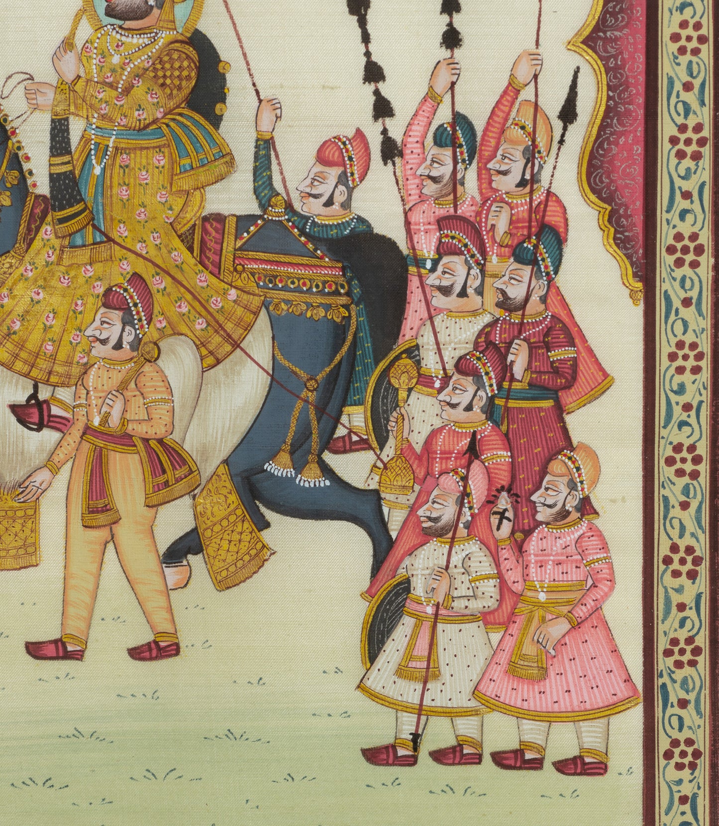 Vintage Indian Silk Painting of a Maharaja on Horse & Servants, Framed & Glazed (Code 2774)