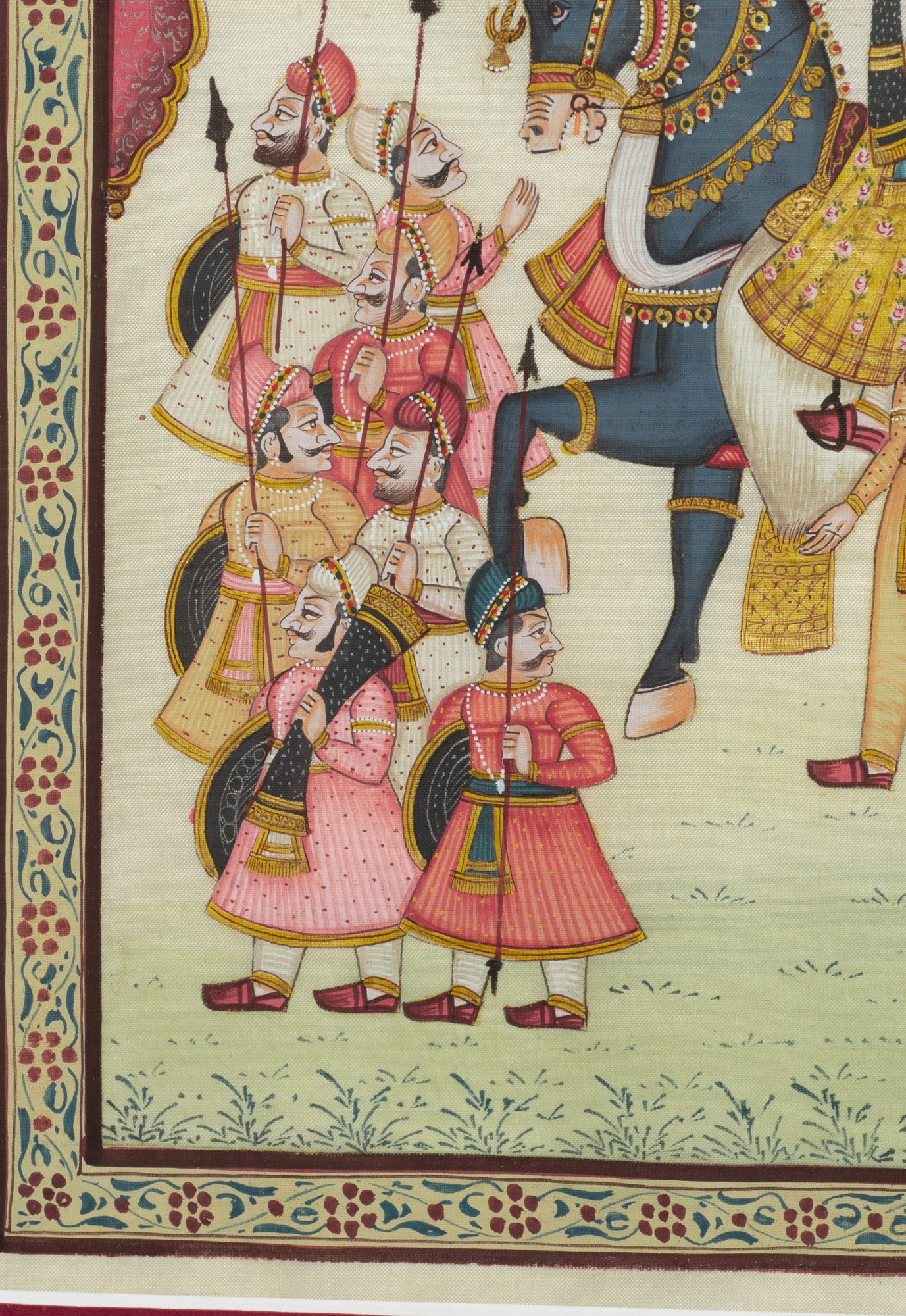 Vintage Indian Silk Painting of a Maharaja on Horse & Servants, Framed & Glazed (Code 2774)