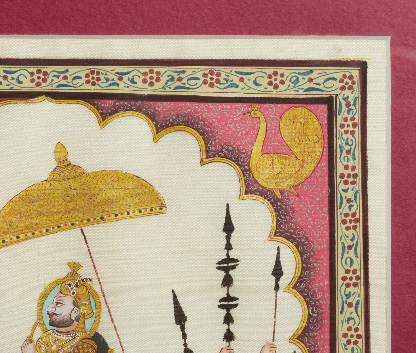 Vintage Indian Silk Painting of a Maharaja on Horse & Servants, Framed & Glazed (Code 2774)