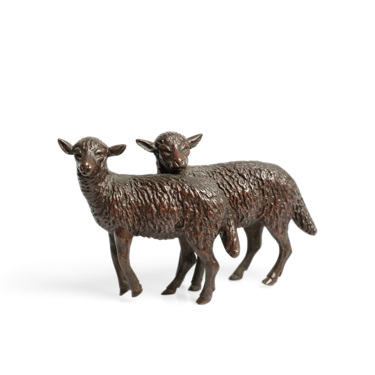 Antique Miniature Bronze Figure of Two Lambs Standing - Brown Patination (Code 2784)