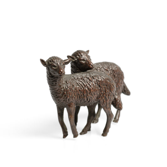 Antique Miniature Bronze Figure of Two Lambs Standing - Brown Patination (Code 2784)