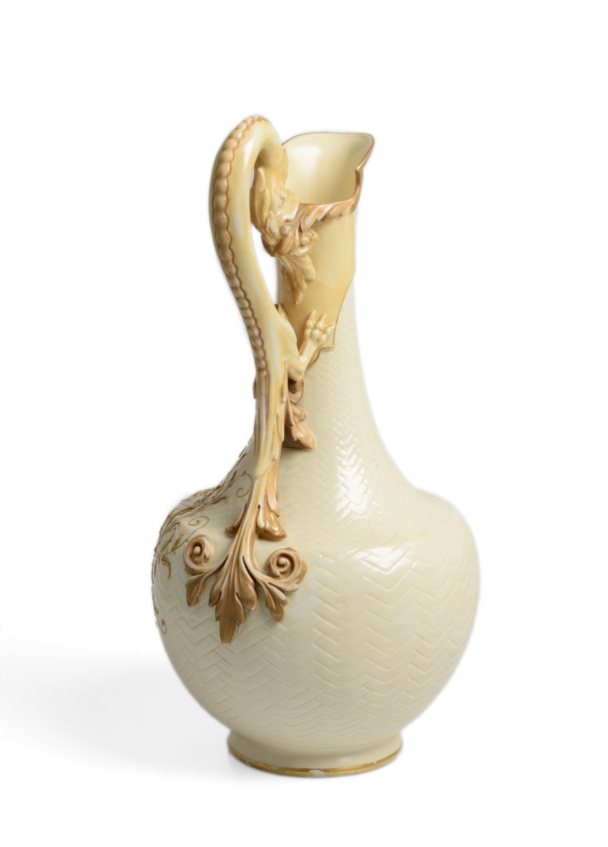 Antique Royal Worcester Wyvern Handle Ivory Glaze Scale Jug / Vase - Victorian (Code 2788)