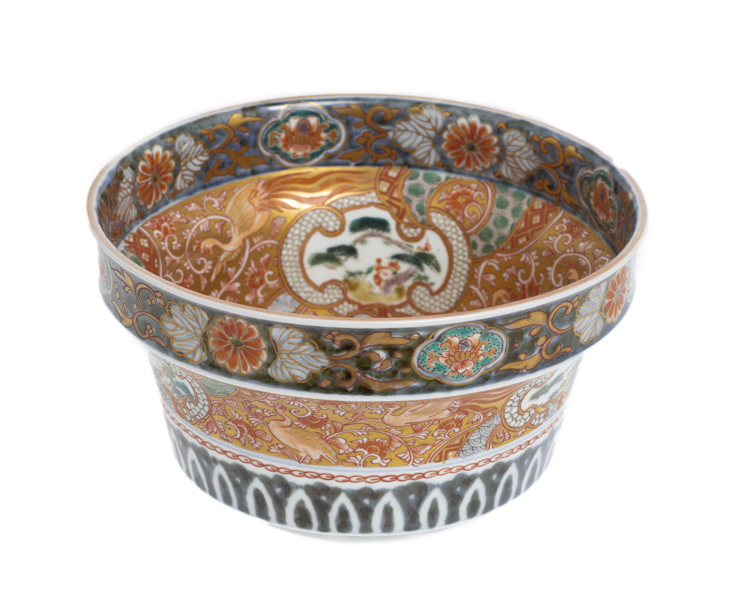 Japanese Meiji Antique Imari Kinrande Bowl / Pot With Goldfish & Ho-ho Birds (Code 2813)