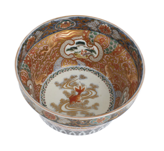 Japanese Meiji Antique Imari Kinrande Bowl / Pot With Goldfish & Ho-ho Birds (Code 2813)