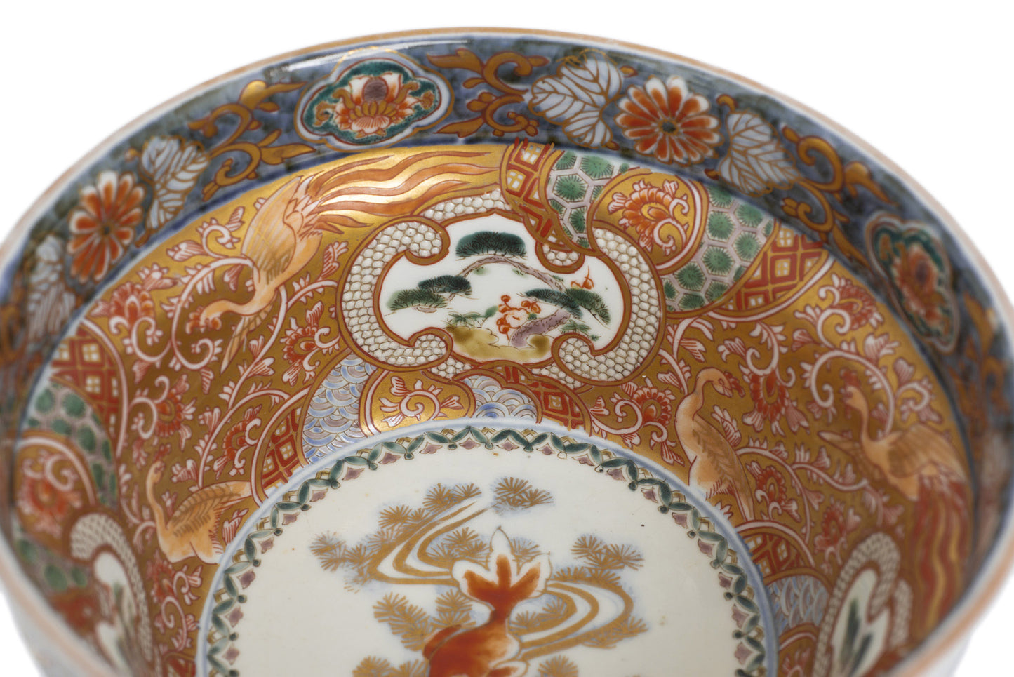 Japanese Meiji Antique Imari Kinrande Bowl / Pot With Goldfish & Ho-ho Birds (Code 2813)