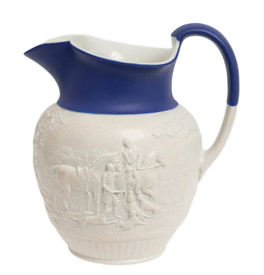 Antique Wedgwood Moulded Hunting Scene Jug with Dark Blue Jasper Dip c1845 (Code 2824)